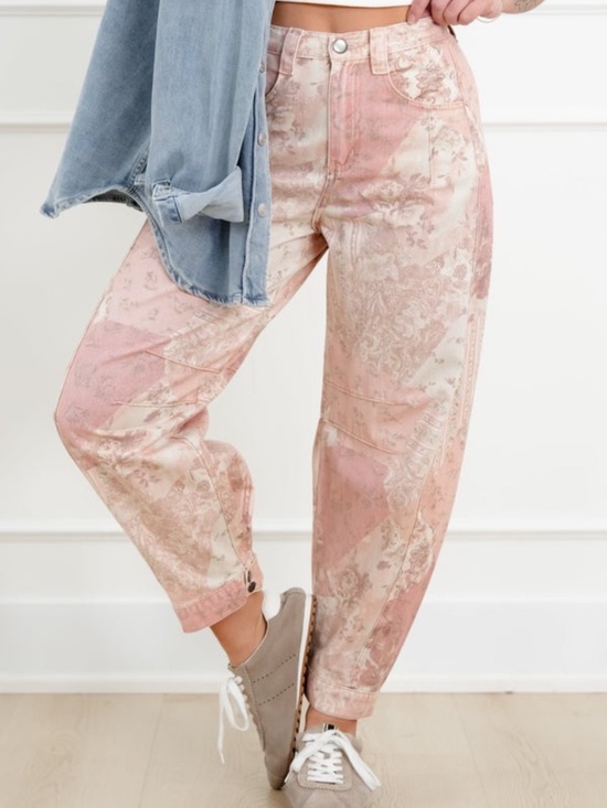 Easel Los Angeles Denim - Easel Patchwork Printed Barrel Pants – Size Large (Brand New)